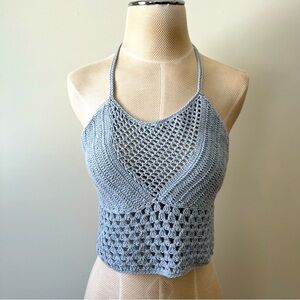 Tra Vida Crochet Halter Top Large Blue Pastel Festival Sheer